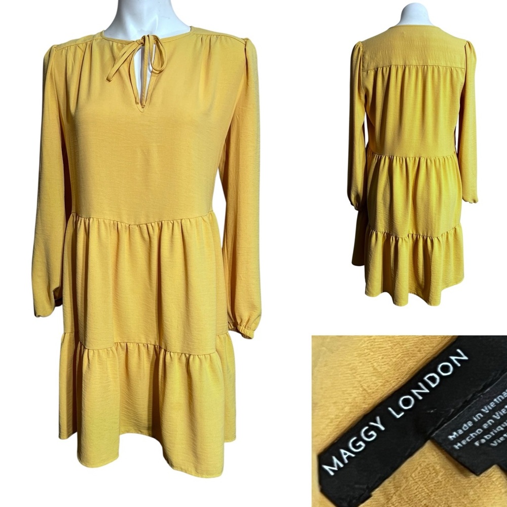 Maggy London dress sz‎ 6 Mustard Tiered long sleeve knee length office spring